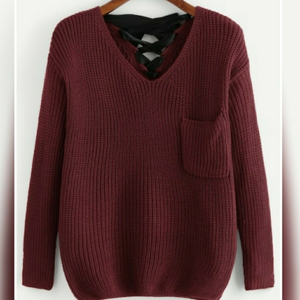Cozy Black Bow Burgundy Chunky Sweater